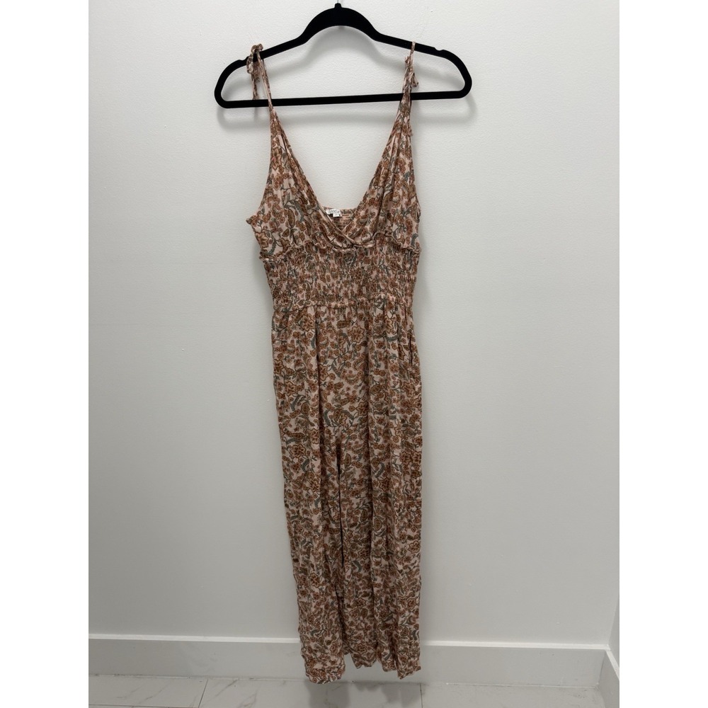 Patrons of Peace Jumpsuit Womens M Pink Floral Boho Wide Leg Smocked‎ Tie Rayon
